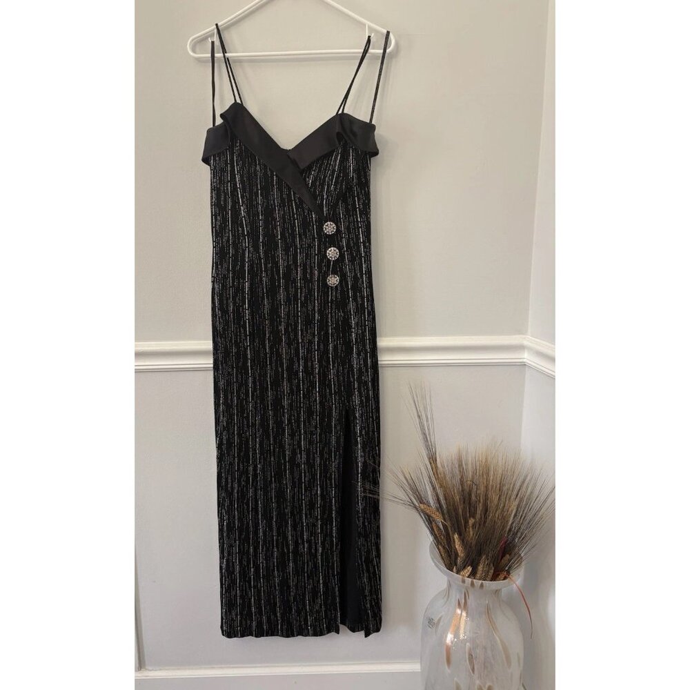 Betsy & Adam 1990s Dress By Jasmine Spaghetti Strap Black & Silver Evening Gown